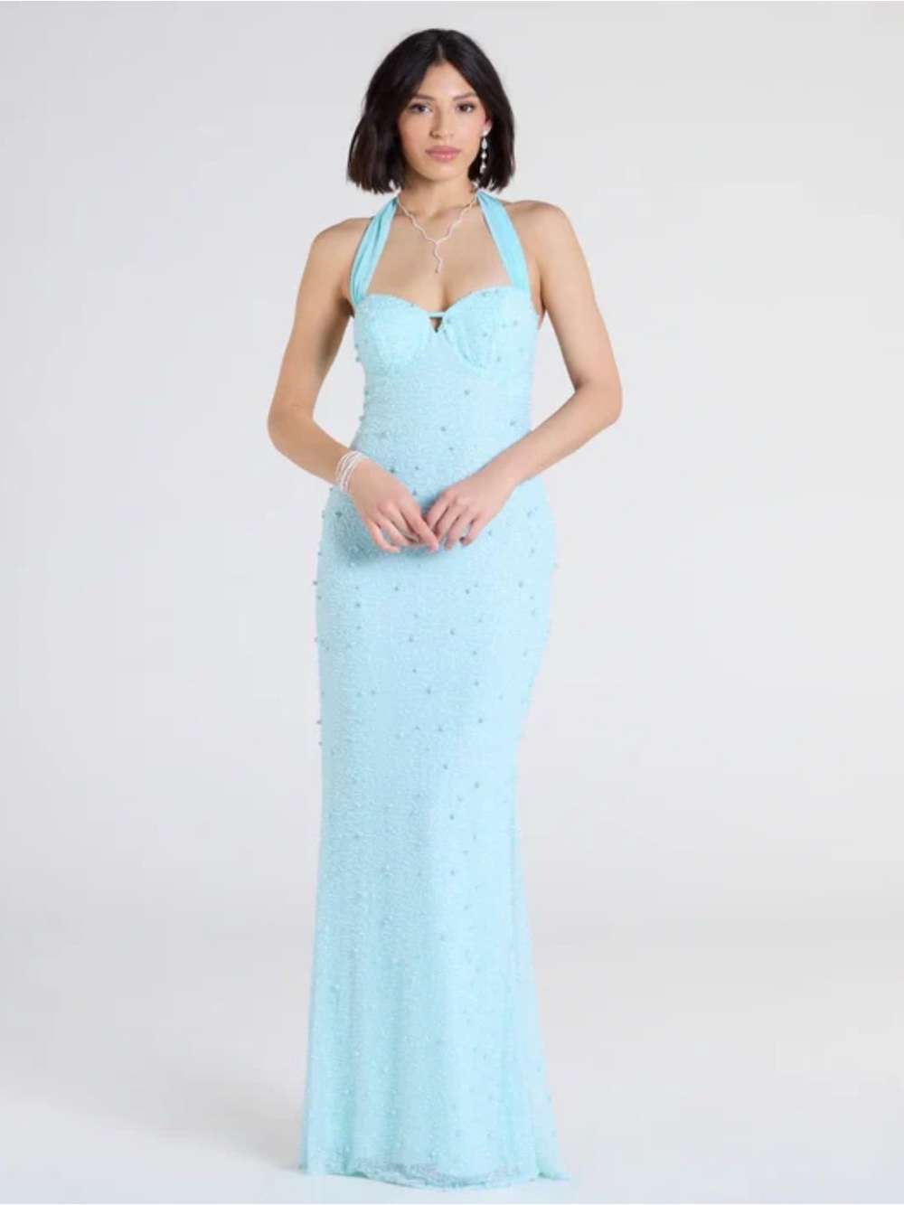 Windsor Sky Blue Halter Sequin Maxi Gown
